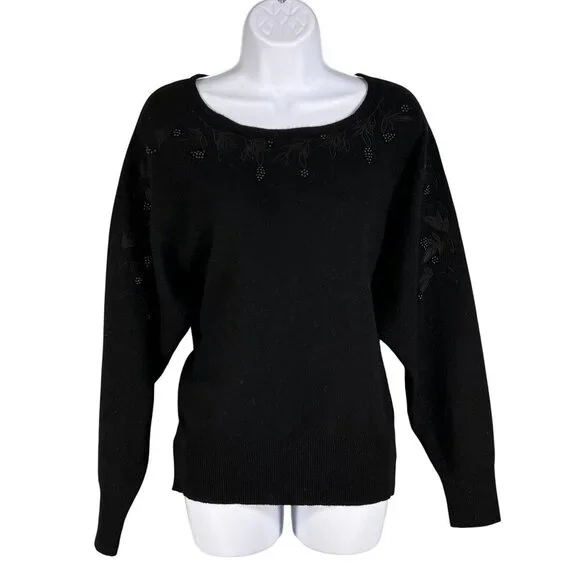 Robert Scott Women L Black Embroidered Beaded Lambswool Angora Sweater Fairygoth - Picture 5 of 16
